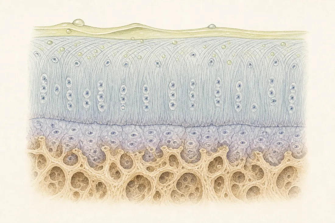 Magnified cross-section of articular cartilage and subchondral bone