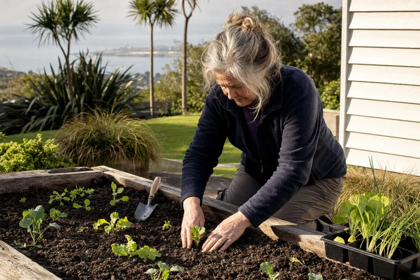 Planting seedlings in a New Zealand garden