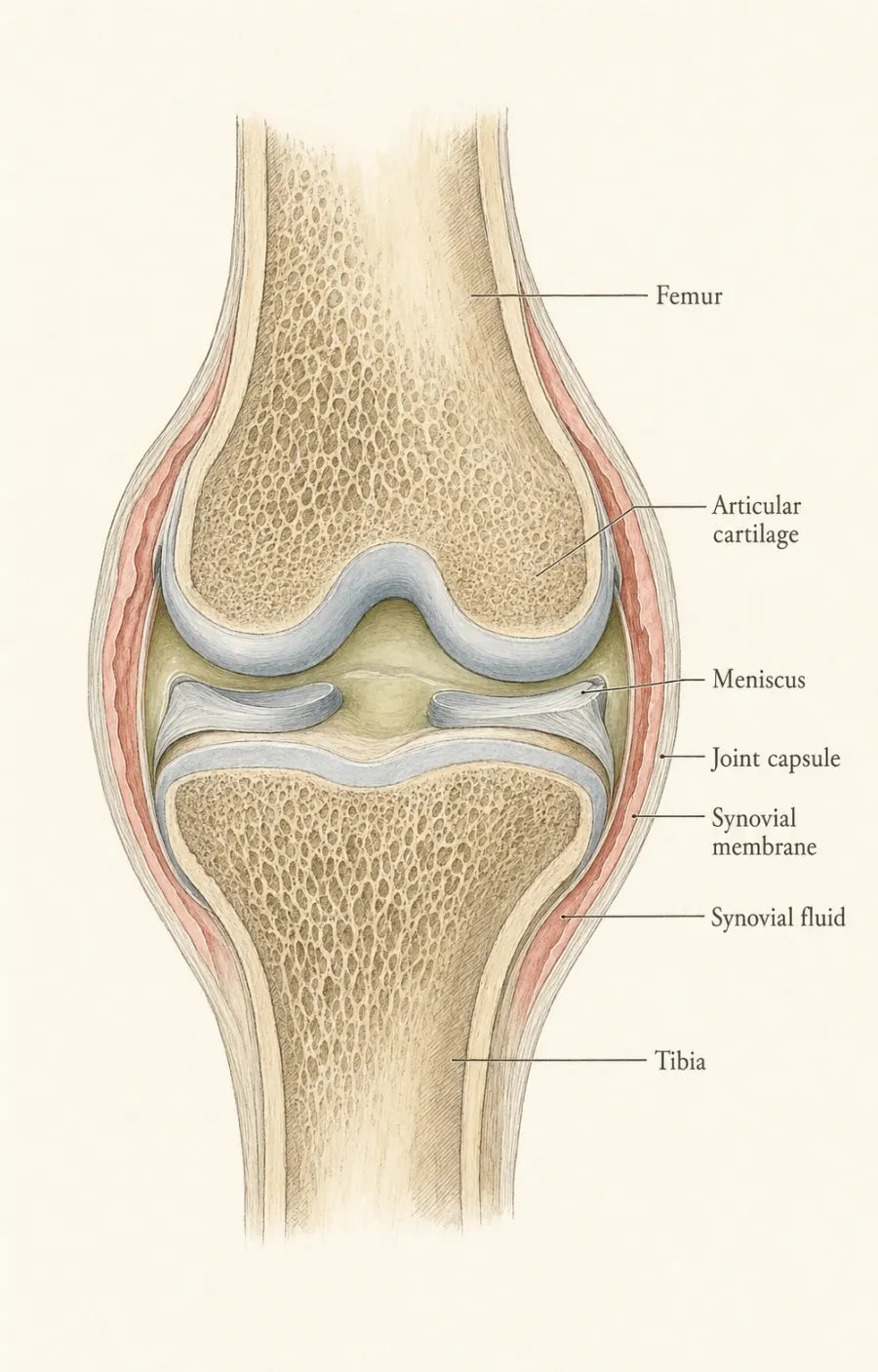 Anatomical plate of a human knee joint showing cartilage, meniscus, synovial membrane and synovial fluid
